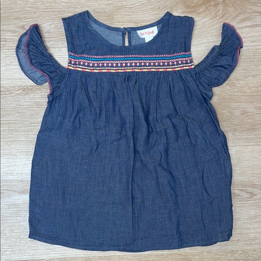 Cat & Jack Faux Denim Embroidered Cold Shoulder Girl’s Top size Small 6/7